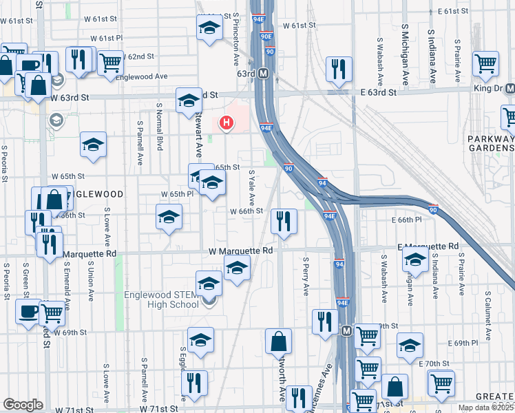 map of restaurants, bars, coffee shops, grocery stores, and more near 6565 South Yale Avenue in Chicago