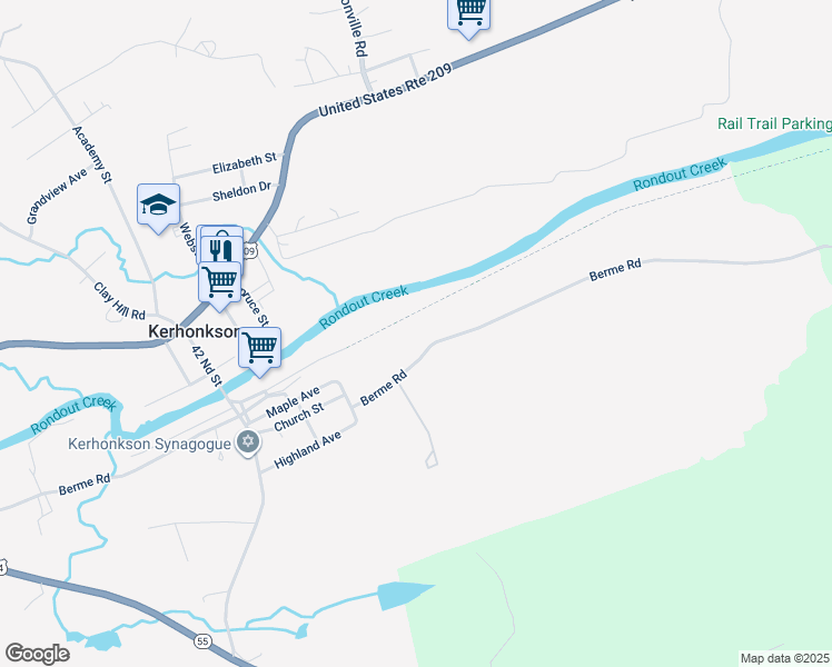 map of restaurants, bars, coffee shops, grocery stores, and more near 1639 Berme Road in Kerhonkson
