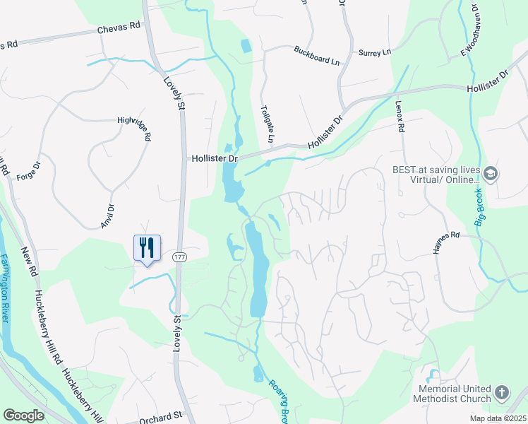 map of restaurants, bars, coffee shops, grocery stores, and more near 2 Racebrook Lane in Avon
