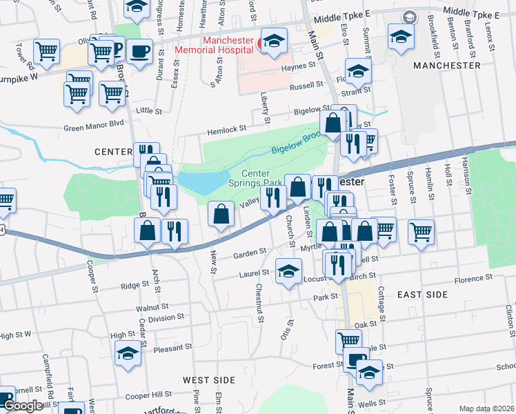 map of restaurants, bars, coffee shops, grocery stores, and more near 60 Winter Street in Manchester