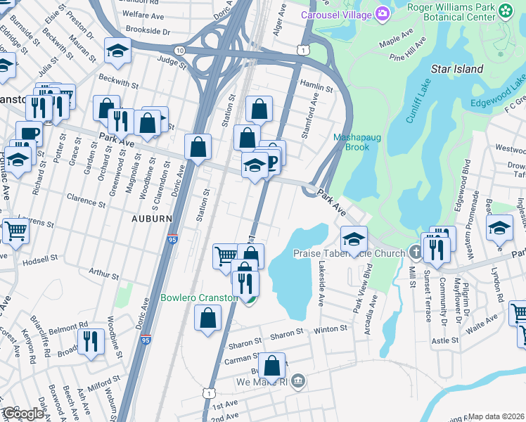 map of restaurants, bars, coffee shops, grocery stores, and more near 1303 Elmwood Avenue in Cranston