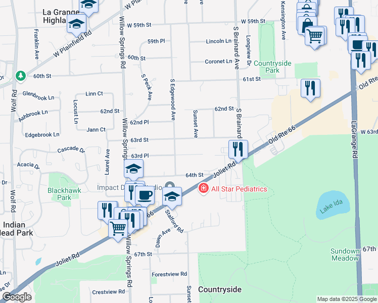 map of restaurants, bars, coffee shops, grocery stores, and more near 1050 63rd Place in La Grange