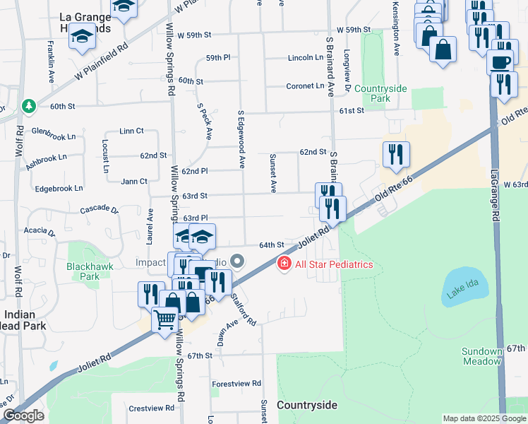 map of restaurants, bars, coffee shops, grocery stores, and more near 1050 63rd Place in La Grange Highlands