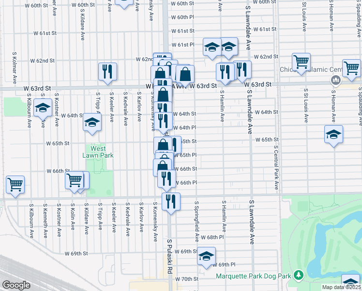 map of restaurants, bars, coffee shops, grocery stores, and more near 3931 W 65th St in Chicago