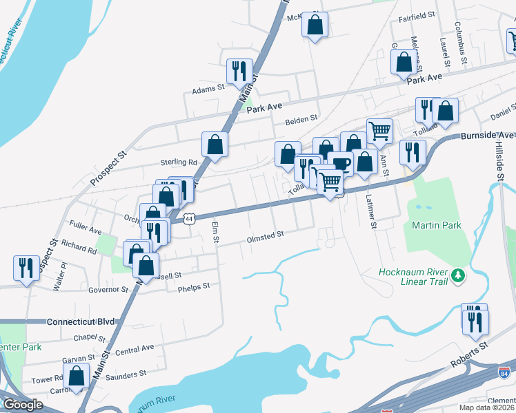 map of restaurants, bars, coffee shops, grocery stores, and more near 49 Highland Street in East Hartford