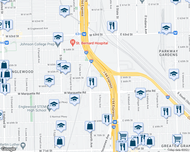 map of restaurants, bars, coffee shops, grocery stores, and more near 144 West 66th Street in Chicago
