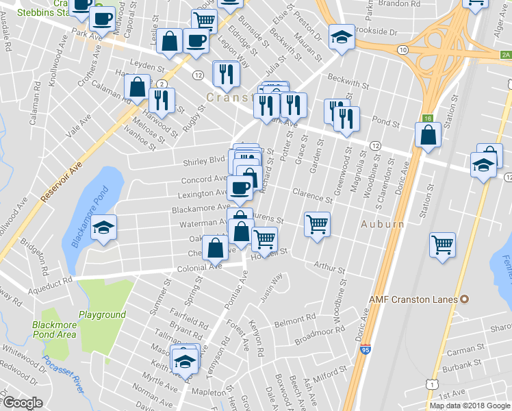 map of restaurants, bars, coffee shops, grocery stores, and more near 101 Richard Street in Cranston
