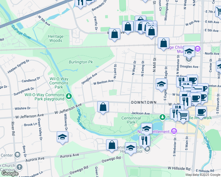 map of restaurants, bars, coffee shops, grocery stores, and more near 21 South Laird Street in Naperville