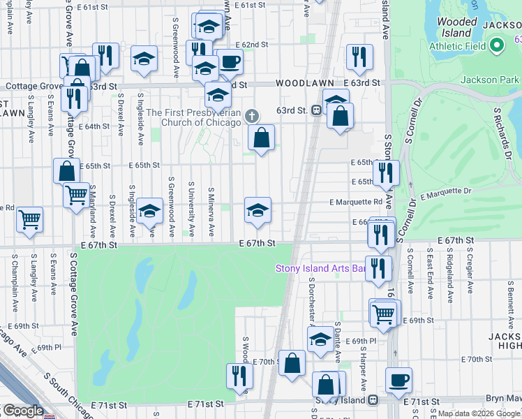 map of restaurants, bars, coffee shops, grocery stores, and more near 6605 South Kimbark Avenue in Chicago