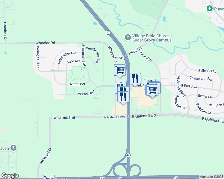 map of restaurants, bars, coffee shops, grocery stores, and more near 524 Division Drive in Sugar Grove