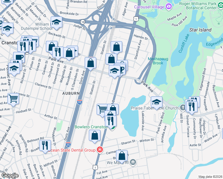 map of restaurants, bars, coffee shops, grocery stores, and more near 46 Frances Avenue in Cranston