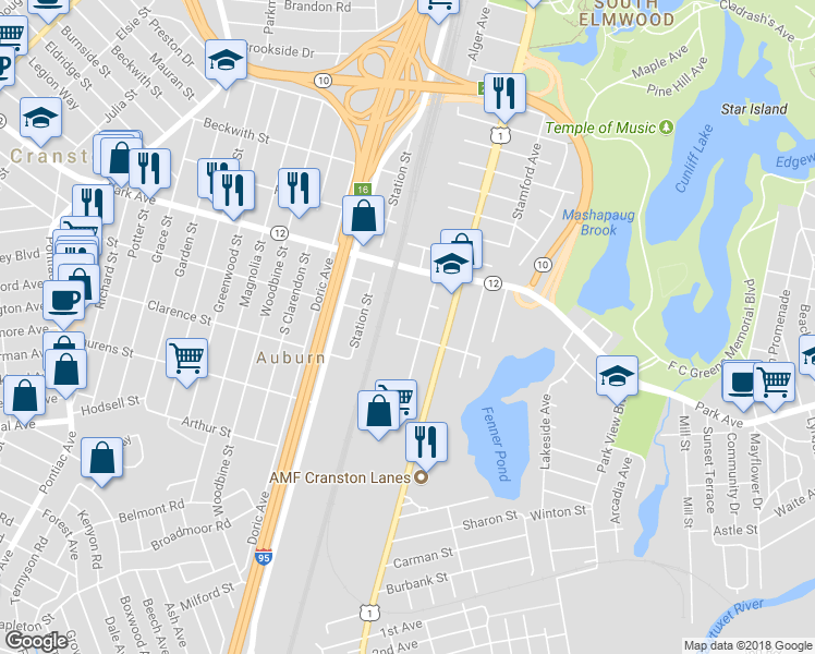 map of restaurants, bars, coffee shops, grocery stores, and more near 69 Fenner Street in Cranston