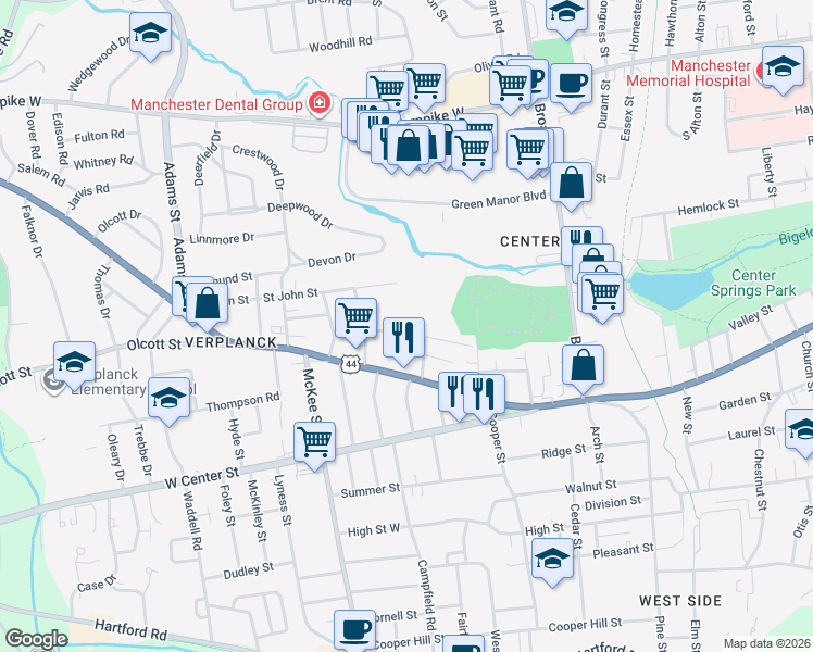 map of restaurants, bars, coffee shops, grocery stores, and more near 49 Ridgewood Street in Manchester