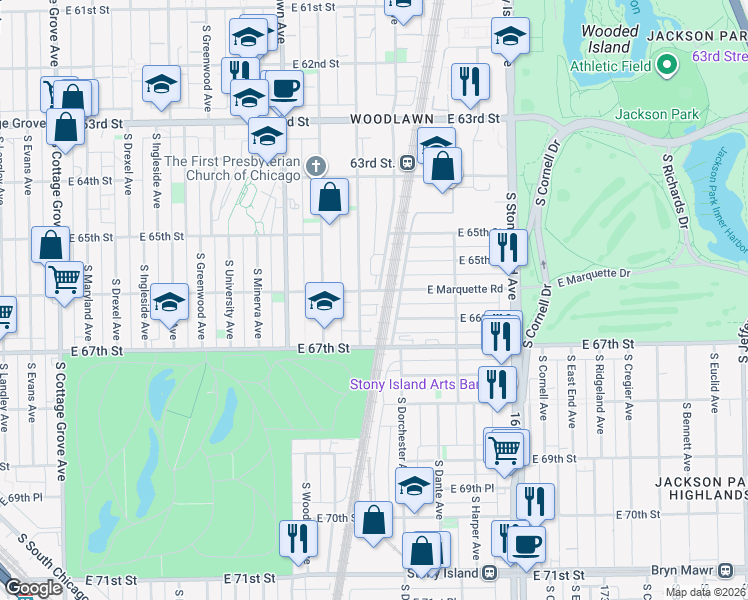 map of restaurants, bars, coffee shops, grocery stores, and more near 1351 East Marquette Road in Chicago