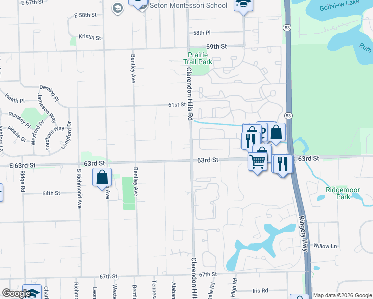 map of restaurants, bars, coffee shops, grocery stores, and more near 6242 Clarendon Hills Road in Willowbrook