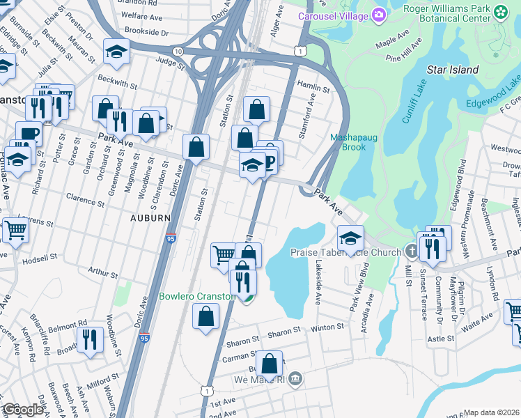 map of restaurants, bars, coffee shops, grocery stores, and more near 1303 Elmwood Avenue in Cranston