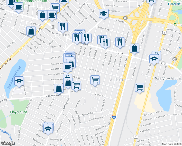 map of restaurants, bars, coffee shops, grocery stores, and more near 216 Garden Street in Cranston