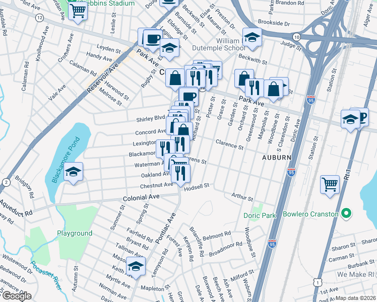 map of restaurants, bars, coffee shops, grocery stores, and more near 101 Richard Street in Cranston