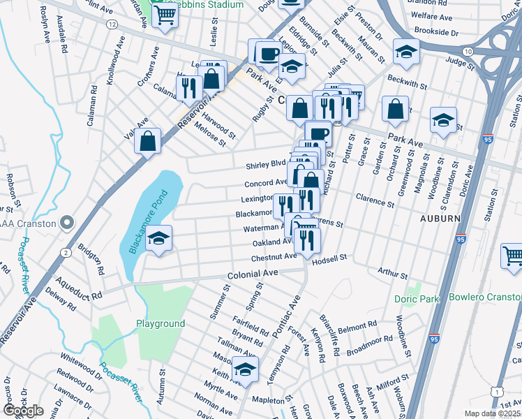map of restaurants, bars, coffee shops, grocery stores, and more near 33 Blackamore Avenue in Cranston