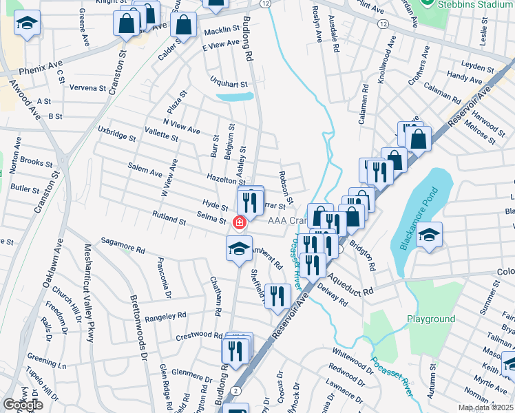 map of restaurants, bars, coffee shops, grocery stores, and more near 298 Budlong Road in Cranston