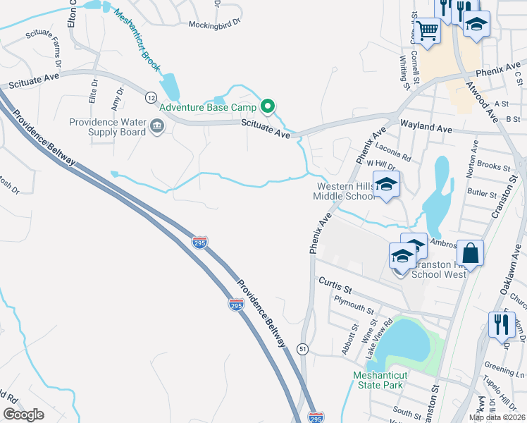 map of restaurants, bars, coffee shops, grocery stores, and more near 493 Phenix Avenue in Cranston