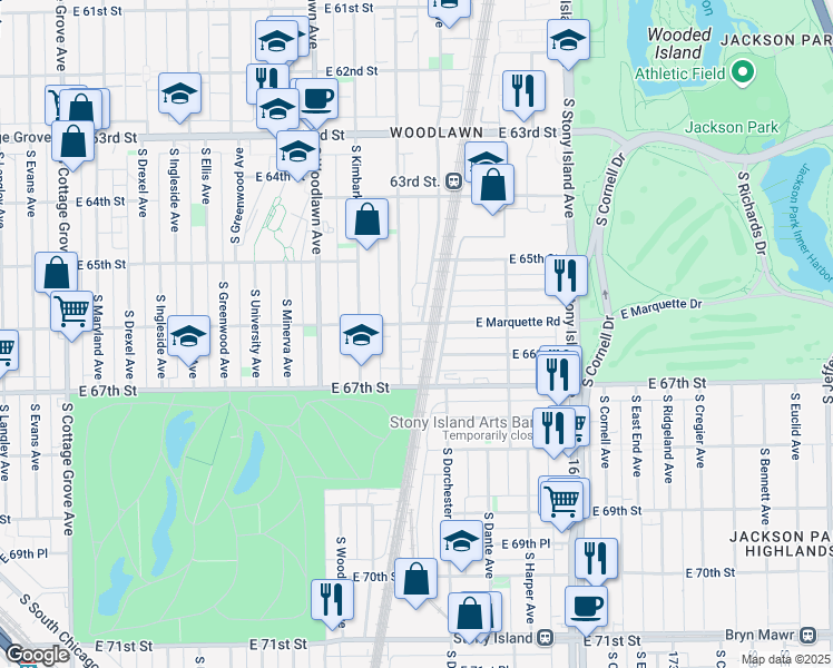 map of restaurants, bars, coffee shops, grocery stores, and more near 1351 East Marquette Road in Chicago
