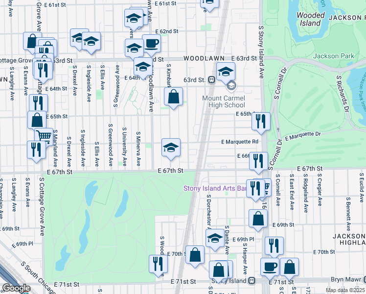 map of restaurants, bars, coffee shops, grocery stores, and more near 1311 East Marquette Road in Chicago