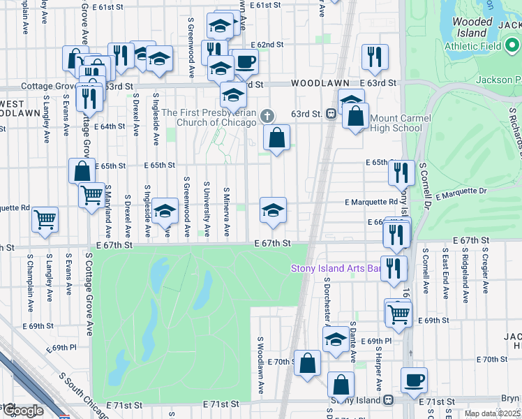 map of restaurants, bars, coffee shops, grocery stores, and more near 1213 East Marquette Road in Chicago