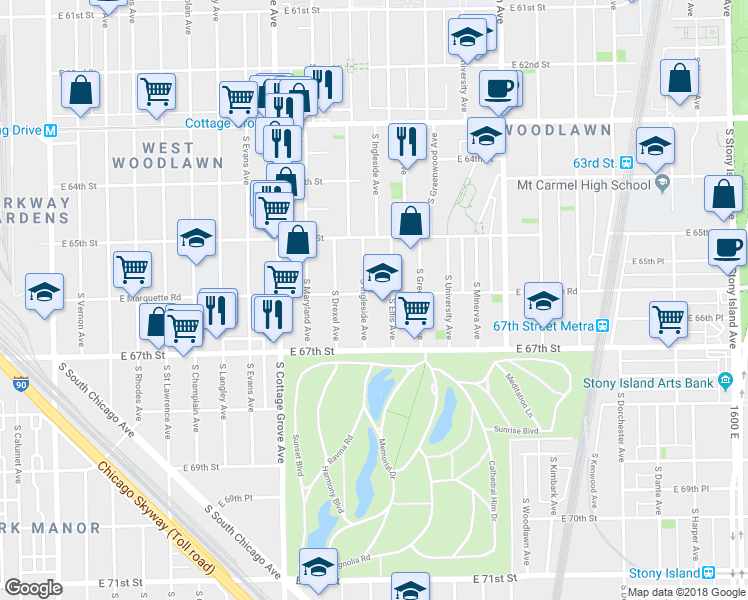 map of restaurants, bars, coffee shops, grocery stores, and more near 6620 South Ellis Avenue in Chicago