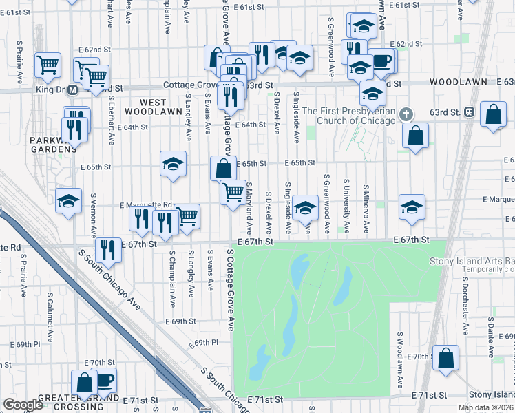 map of restaurants, bars, coffee shops, grocery stores, and more near 6601 South Maryland Avenue in Chicago