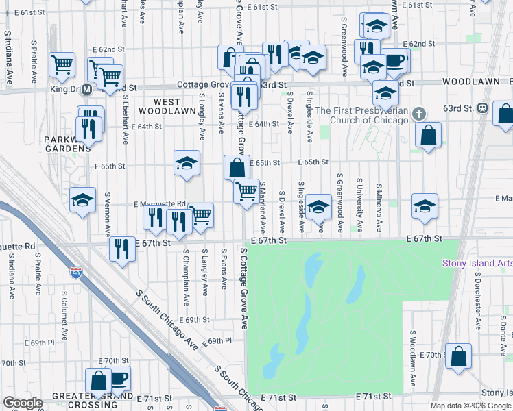 map of restaurants, bars, coffee shops, grocery stores, and more near 6601 South Maryland Avenue in Chicago