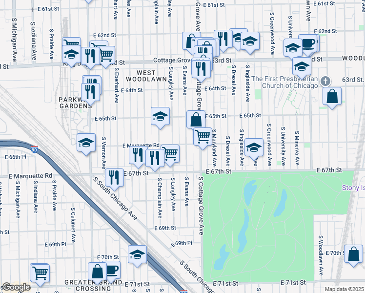 map of restaurants, bars, coffee shops, grocery stores, and more near 6552 South Evans Avenue in Chicago