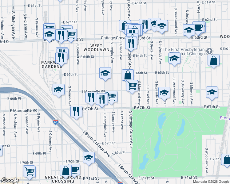 map of restaurants, bars, coffee shops, grocery stores, and more near 6552 South Evans Avenue in Chicago