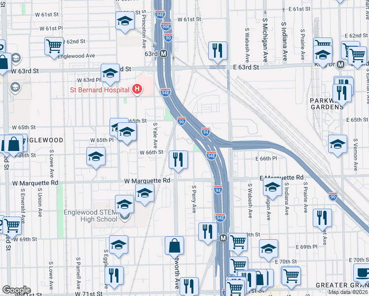 map of restaurants, bars, coffee shops, grocery stores, and more near 6548 South Perry Avenue in Chicago
