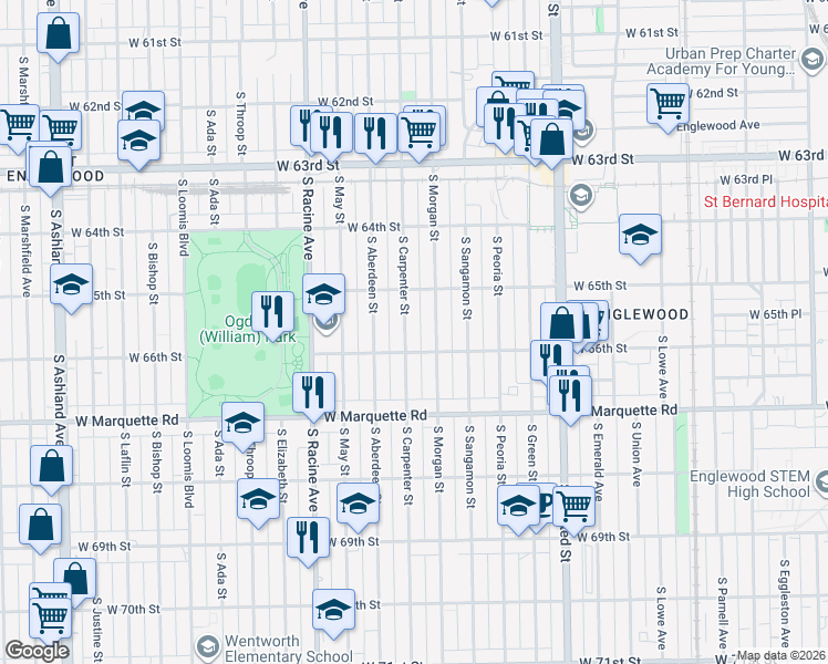 map of restaurants, bars, coffee shops, grocery stores, and more near 6534 South Carpenter Street in Chicago
