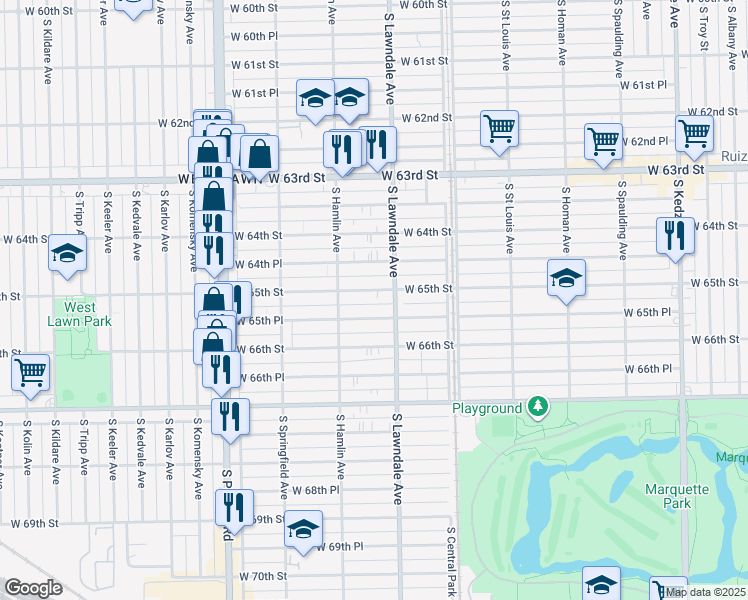 map of restaurants, bars, coffee shops, grocery stores, and more near 3701 West 65th Street in Chicago