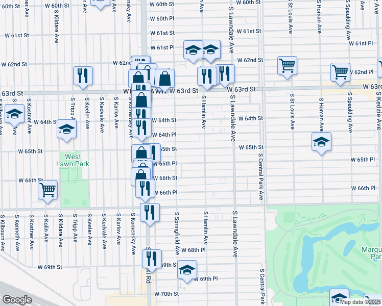 map of restaurants, bars, coffee shops, grocery stores, and more near 3819 West 65th Street in Chicago