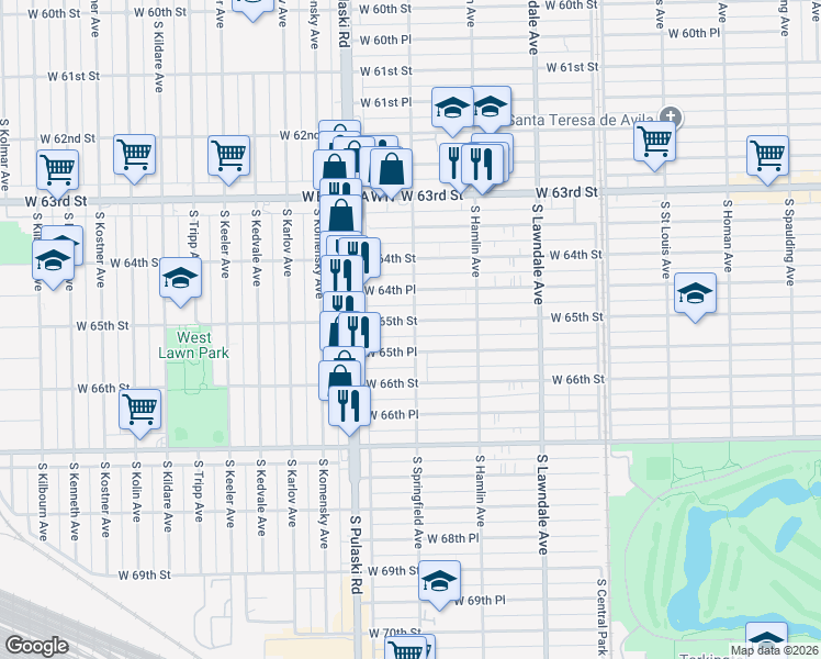 map of restaurants, bars, coffee shops, grocery stores, and more near 3859 West 65th Street in Chicago