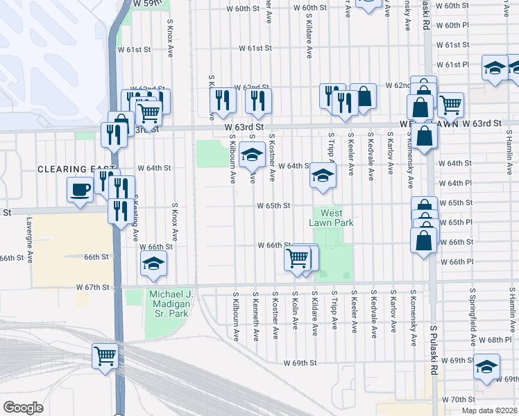 map of restaurants, bars, coffee shops, grocery stores, and more near 6459 South Kenneth Avenue in Chicago