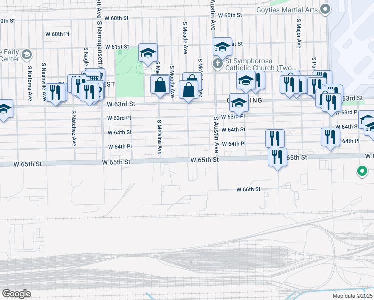 map of restaurants, bars, coffee shops, grocery stores, and more near 6105 West 64th Place in Chicago