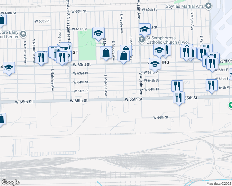 map of restaurants, bars, coffee shops, grocery stores, and more near 6145 West 64th Place in Chicago