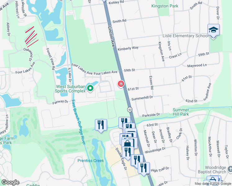 map of restaurants, bars, coffee shops, grocery stores, and more near 6119 River Bend Drive in Lisle