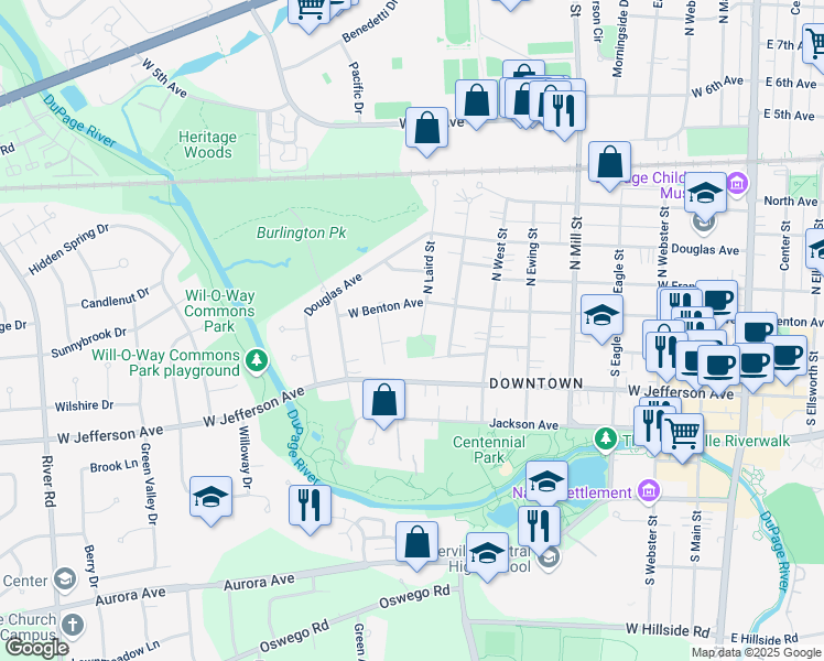 map of restaurants, bars, coffee shops, grocery stores, and more near 21 South Laird Street in Naperville