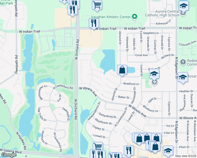 map of restaurants, bars, coffee shops, grocery stores, and more near 2390 Buttercup Court in Aurora