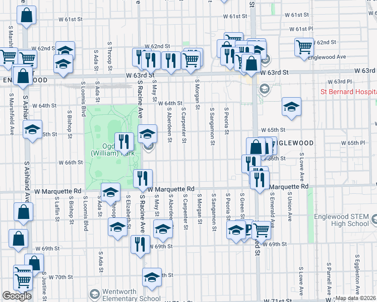 map of restaurants, bars, coffee shops, grocery stores, and more near 6534 South Carpenter Street in Chicago