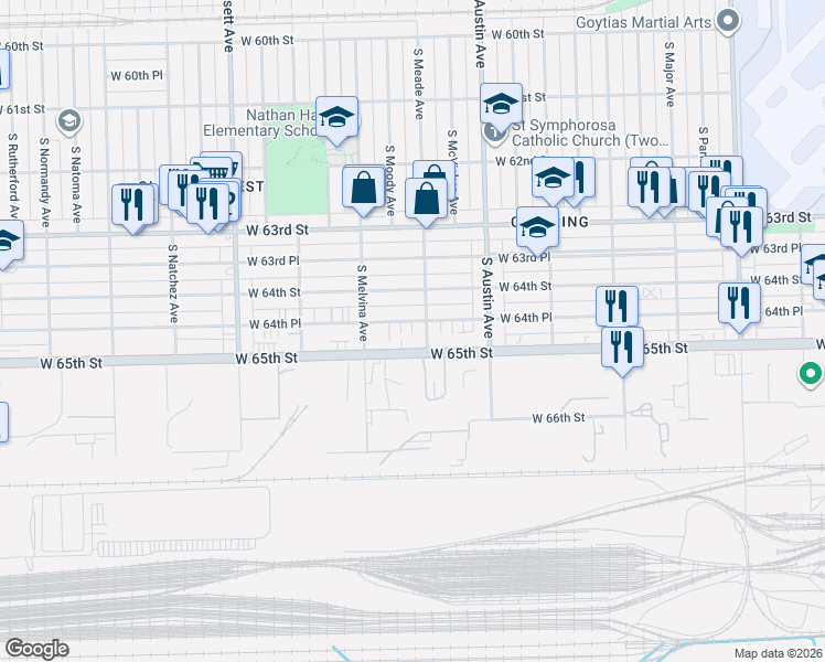 map of restaurants, bars, coffee shops, grocery stores, and more near 6105 West 64th Place in Chicago