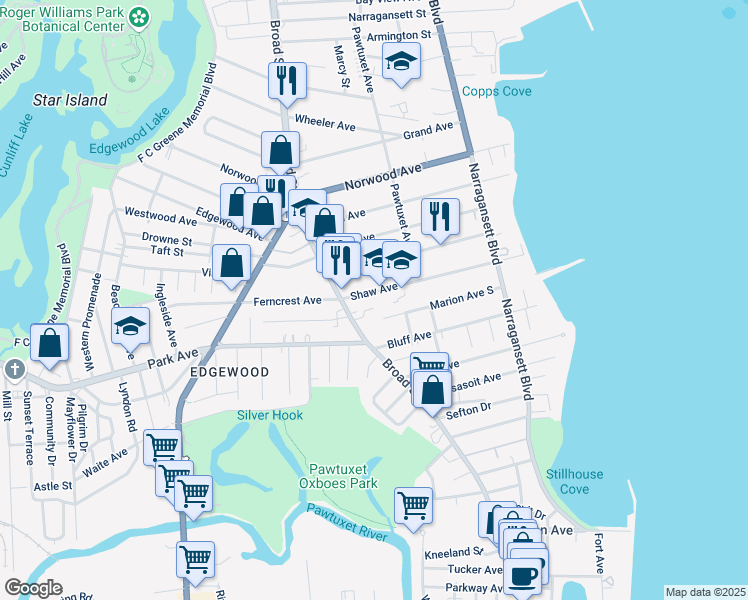 map of restaurants, bars, coffee shops, grocery stores, and more near 180 Shaw Avenue in Cranston