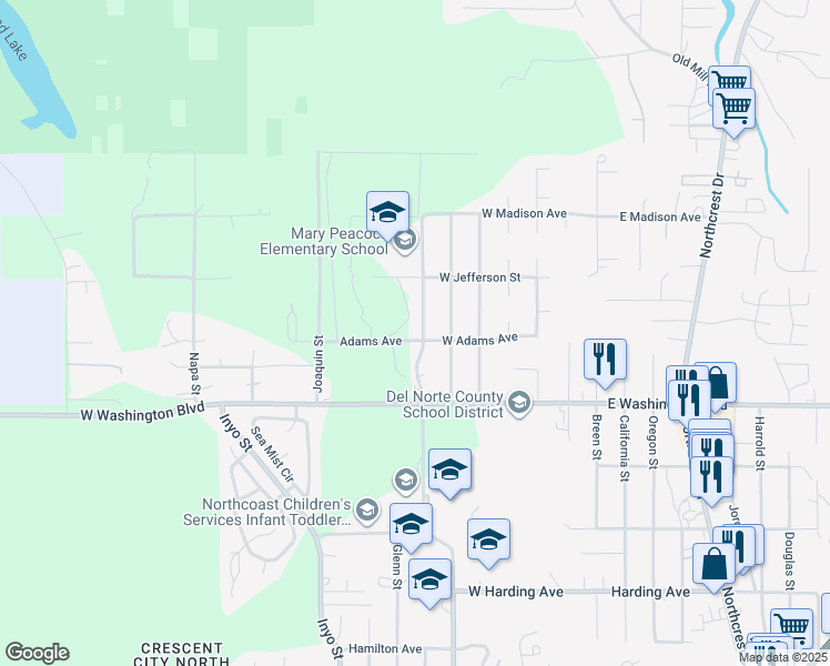 map of restaurants, bars, coffee shops, grocery stores, and more near 1610 Arlington Drive in Crescent City