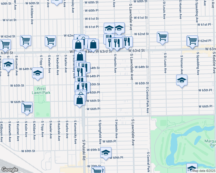 map of restaurants, bars, coffee shops, grocery stores, and more near 3819 West 65th Street in Chicago