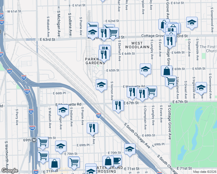 map of restaurants, bars, coffee shops, grocery stores, and more near 416 East 66th Street in Chicago